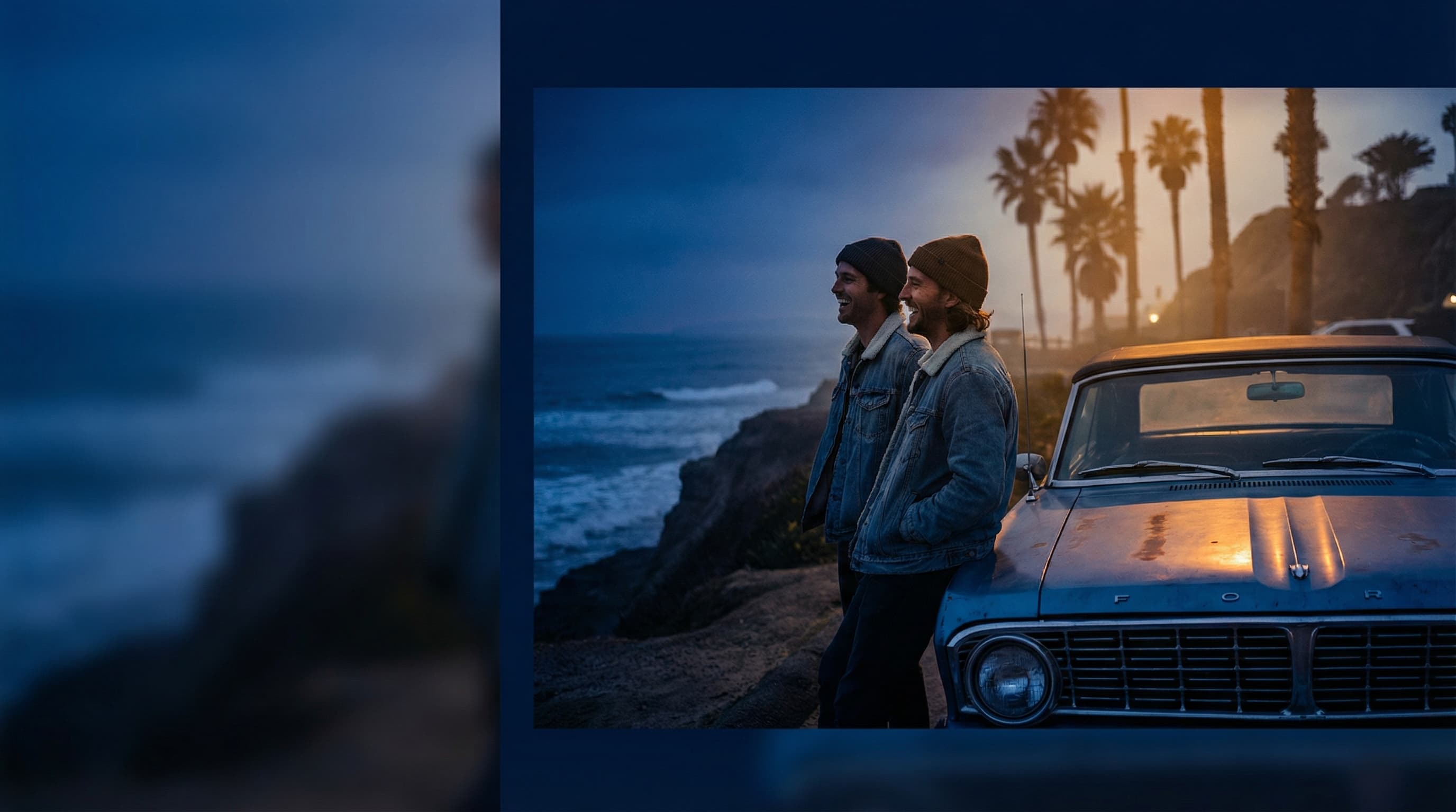 Two compas at a California coastal cliff by a classic car, dusk